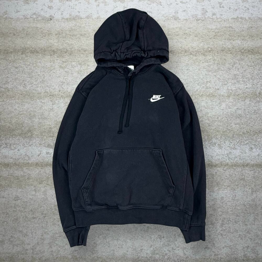 Vintage Y2K Nike Hoodie Mens S Jet Black Cotton Pullover White Swoosh